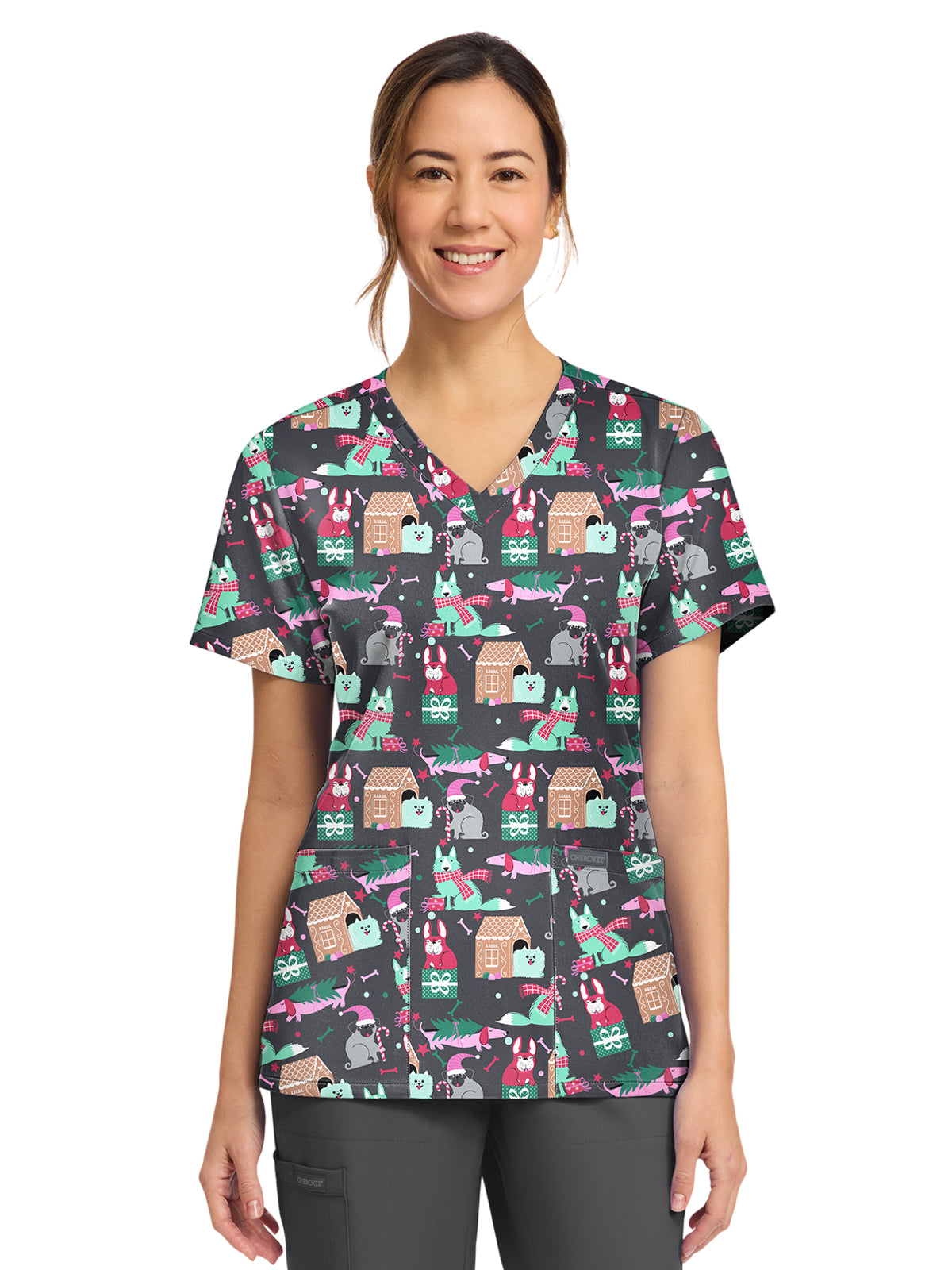 Cherokee - Genuine - Women's 2-Pocket Print V-Neck Scrub Top