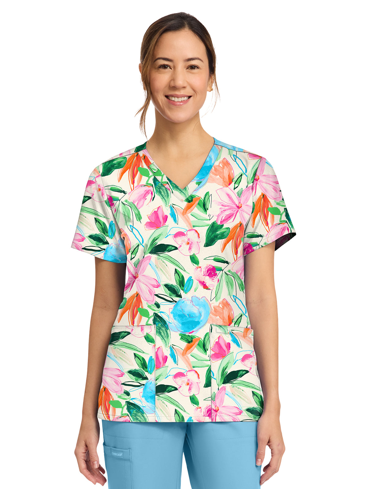 Cherokee - Genuine - Women's 2-Pocket Print V-Neck Scrub Top