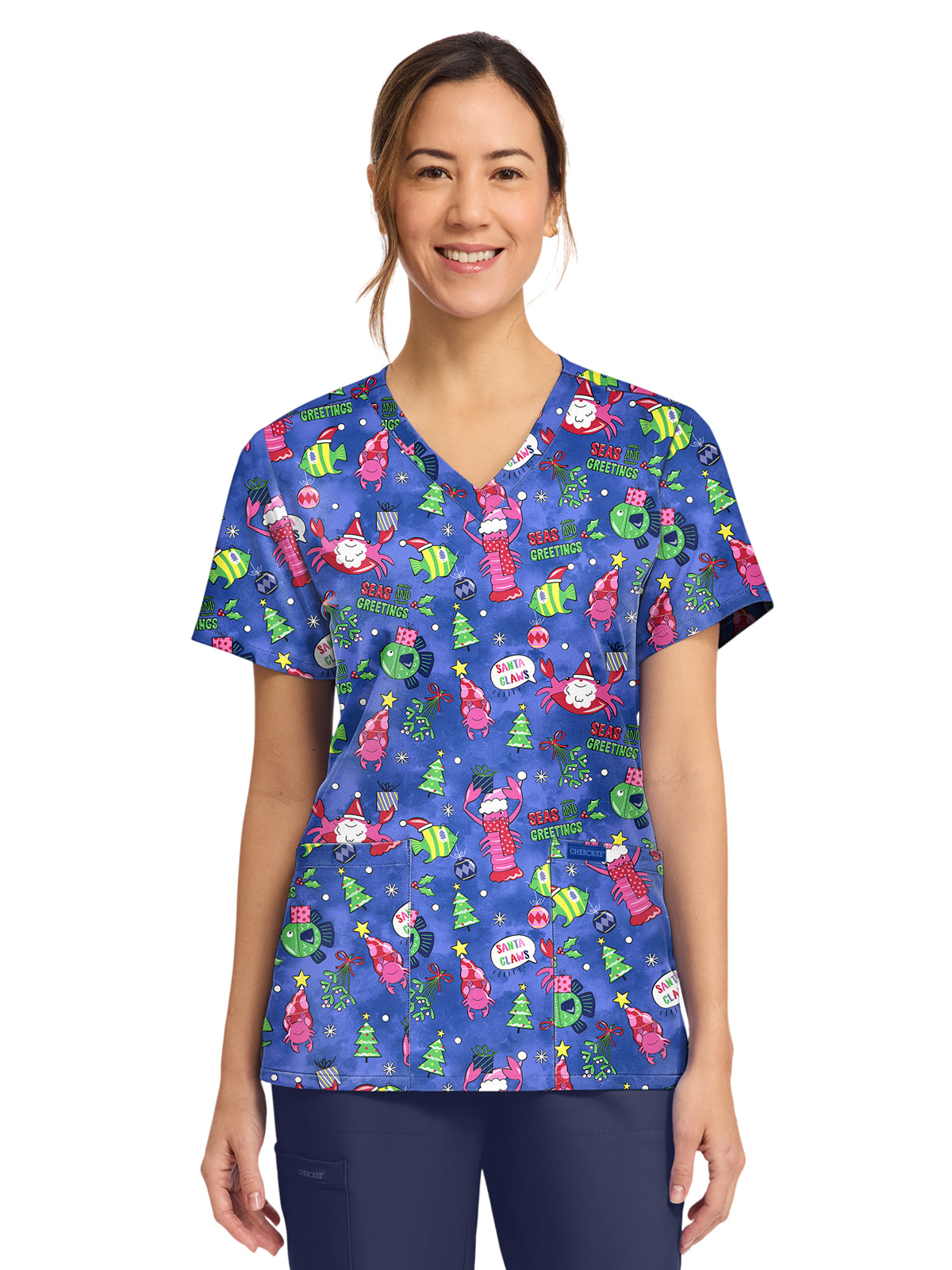 Cherokee - Genuine - Women's 2-Pocket Print V-Neck Scrub Top