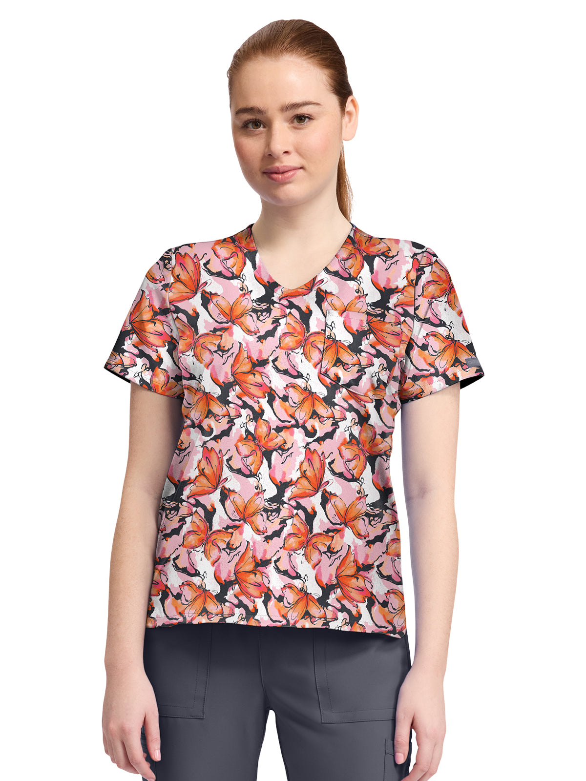 Cherokee - Genuine - Women's 1-Pocket Print High-Low V-Neck Scrub Top