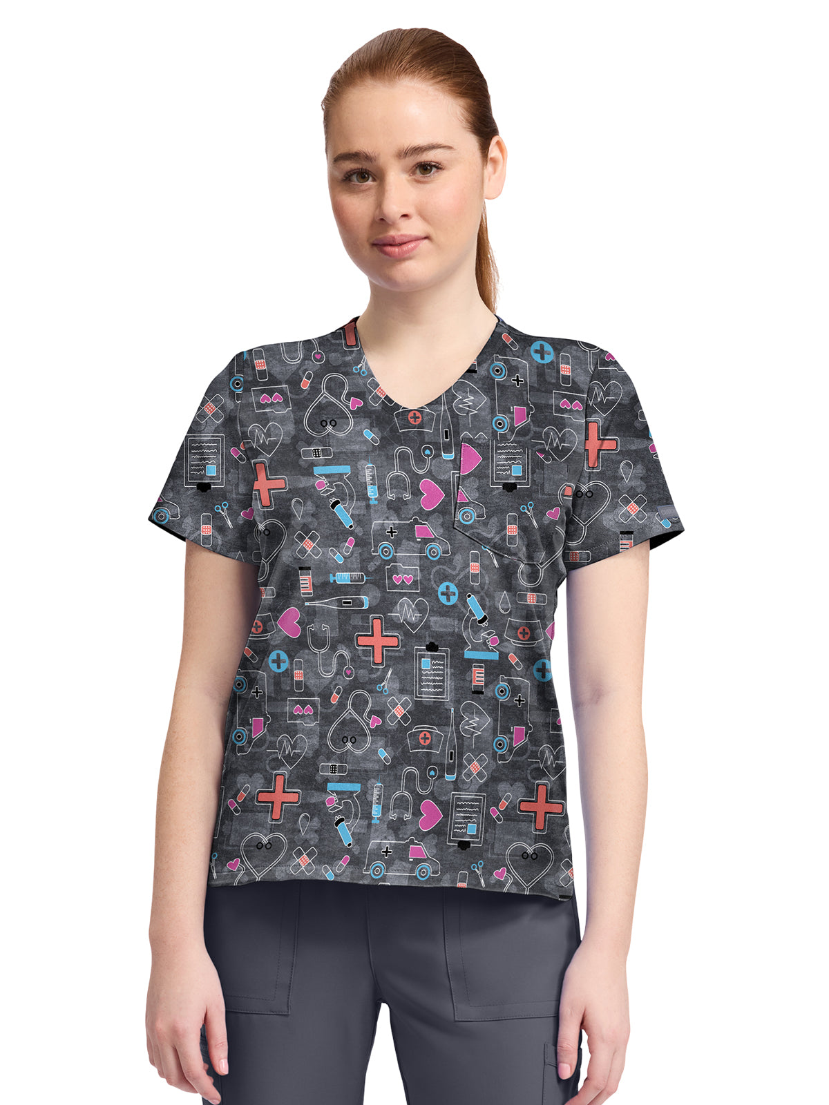 Cherokee - Genuine - Women's 1-Pocket Print High-Low V-Neck Scrub Top